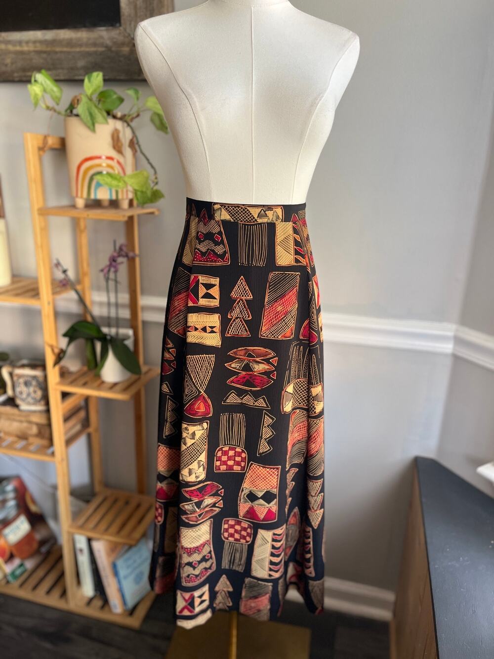 Vintage 90s Tribal Midi Skirt Black Red Yellow Wearable Art Abstract Size Medium